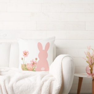 Cute Pink Easter Bunny with Spring Flowers Throw Pillow