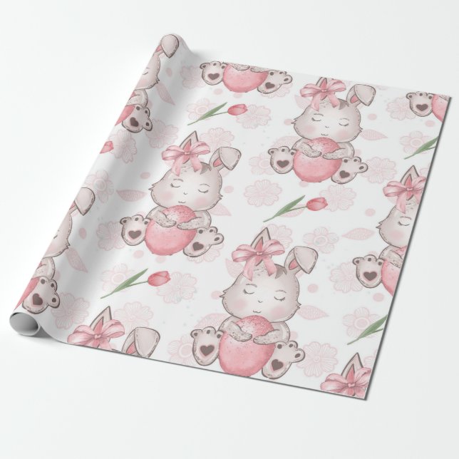 Cute Pink Easter Bunny Wrapping Paper (Unrolled)