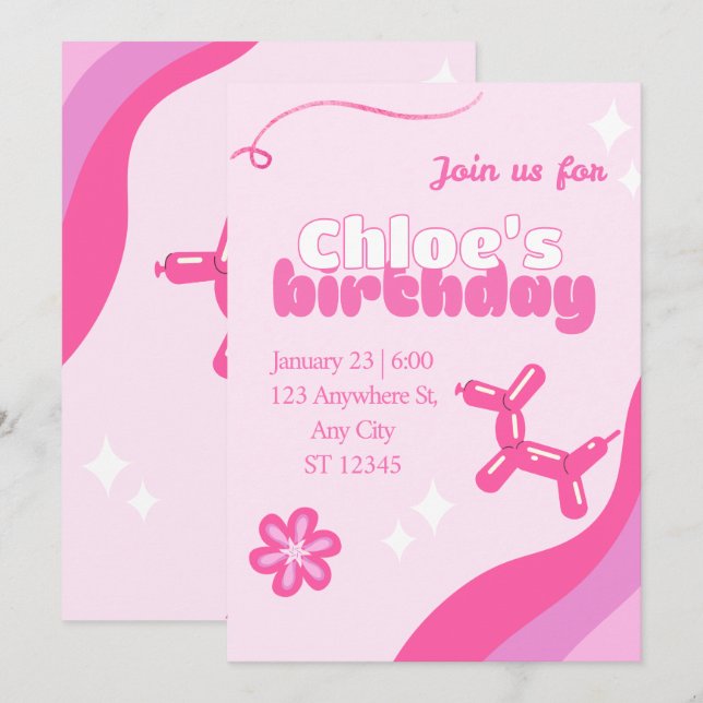Cute pink editable birthday invite (Front/Back)
