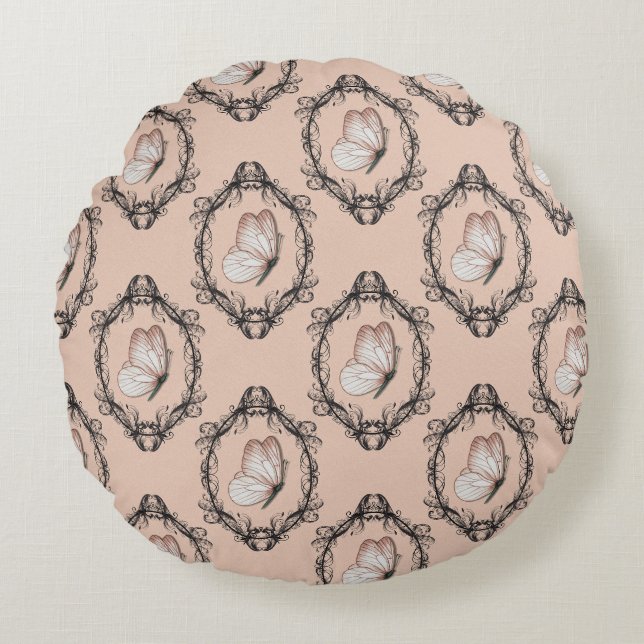 Cute Pink Elegant Butterfly Damask Pattern Round Pillow (Front)