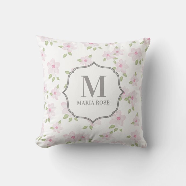 Cute Pink Elegant Simple Floral Monogram Throw Pillow (Front)