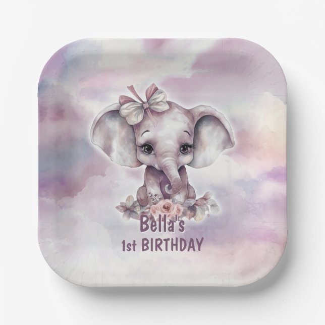 Cute Pink Elephant 1st Birthday Paper Plates (Front)
