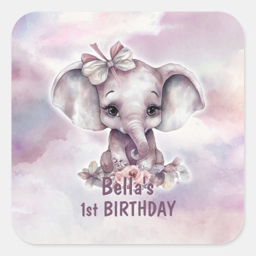 Cute Pink Elephant 1st Birthday Party Envelope Square Sticker