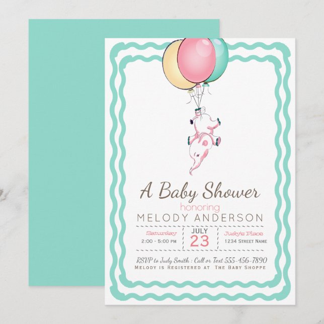 Cute Pink Elephant and Balloons Baby Shower Invitation (Front/Back)
