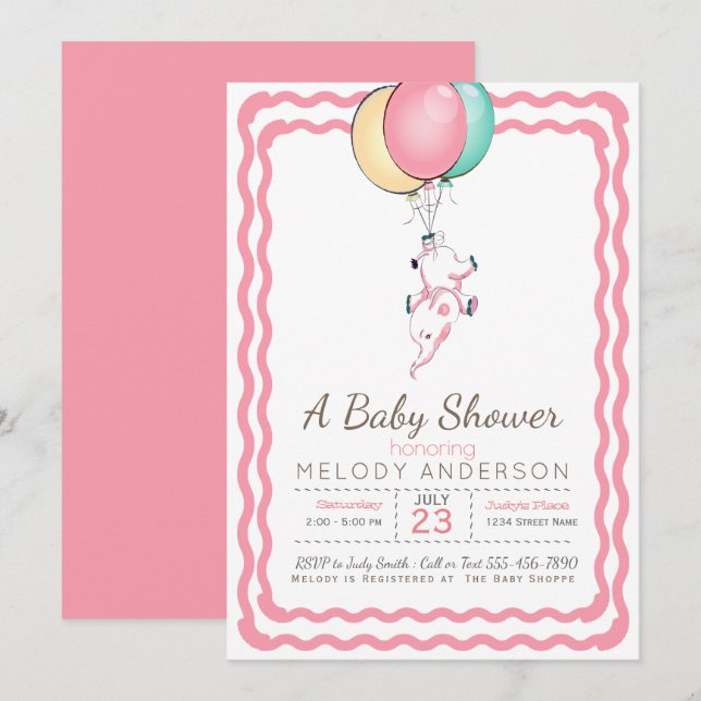Cute Pink Elephant and Balloons Baby Shower Invitation (Front/Back)