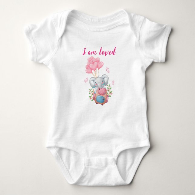 Cute Pink Elephant Baby Bodysuit | I am Loved (Front)