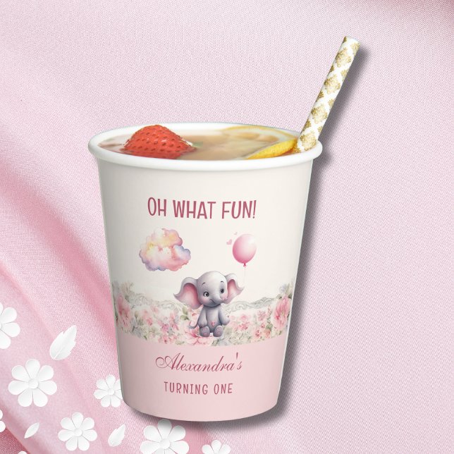 Cute Pink Elephant Baby Girl 1st Birthday Party Paper Cups (Creator Uploaded)