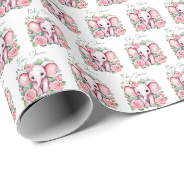 Cute Pink Elephant Baby Girl Baby Shower Gift Wrap (Roll Corner)
