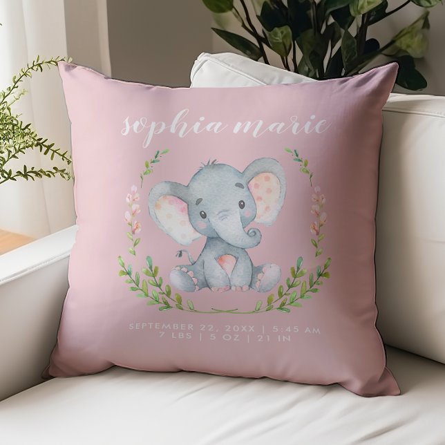 Cute Pink Elephant Baby Girl Birth Stats Throw Pillow (Creator Uploaded)