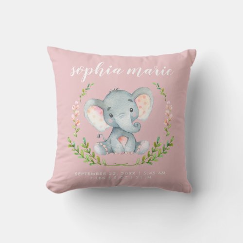 Cute Pink Elephant Baby Girl Birth Stats Throw Pillow