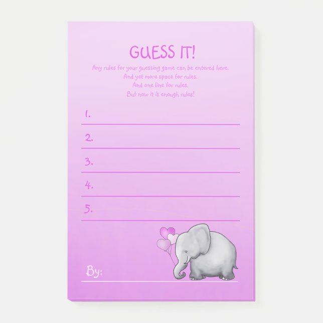 Cute Pink Elephant Baby Girl Shower Guessing Game Post-it Notes (Front)
