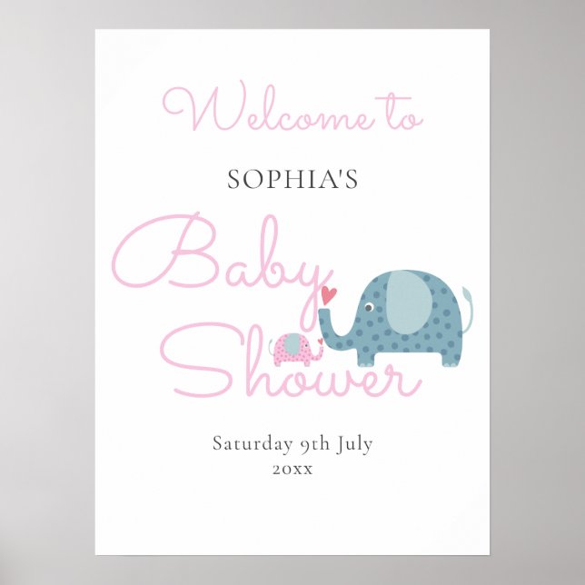 Cute Pink Elephant Baby Girl Shower Welcome Sign (Front)