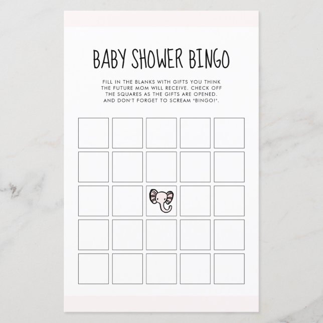 Cute pink elephant Baby shower Bingo game (Front)