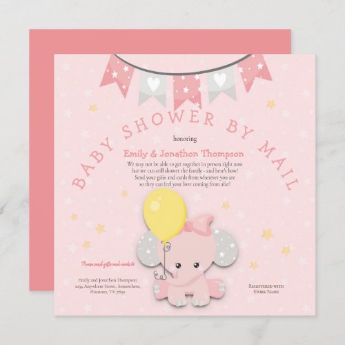 Cute Pink Elephant Baby Shower By Mail Invitation