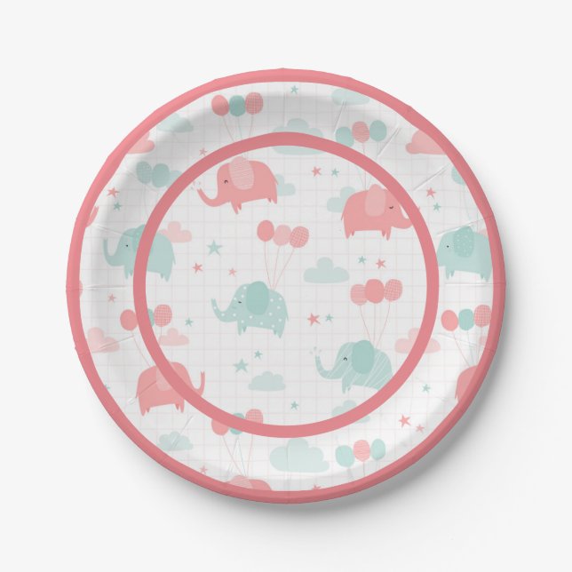 Cute Pink Elephant Baby Shower Paper Plates (Front)