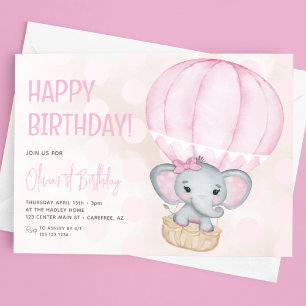 Cute Pink Elephant Balloon 1st Birthday Invitation