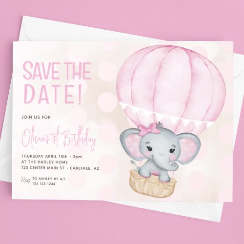 Cute Pink Elephant Balloon 1st Birthday Save The Date
