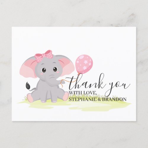 Cute Pink Elephant Balloon Thank You  Card