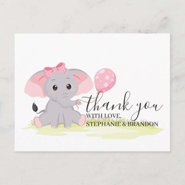 Cute Pink Elephant Balloon Thank You  Card (Front)