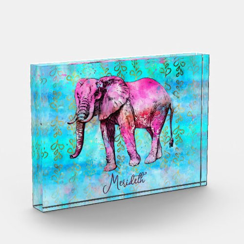 Cute Pink Elephant Blue Watercolor Personalized Photo Block