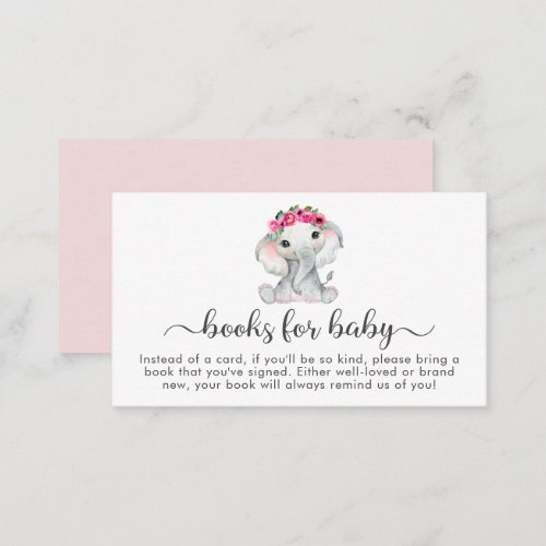 Cute Pink Elephant Books For Baby Girl Shower Enclosure Card