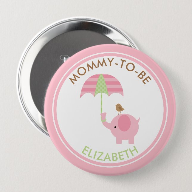 Cute Pink Elephant Boy Baby Shower Personalized Button (Front & Back)