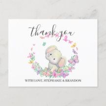 Cute Pink Elephant Butterflies Thank You Card