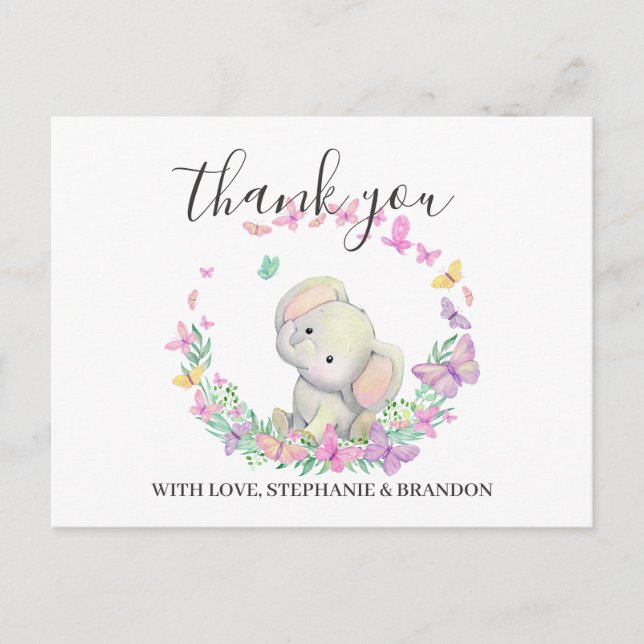 Cute Pink Elephant Butterflies Thank You  Card (Front)
