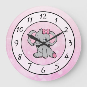 Cute pink elephant children's or baby nursery large clock