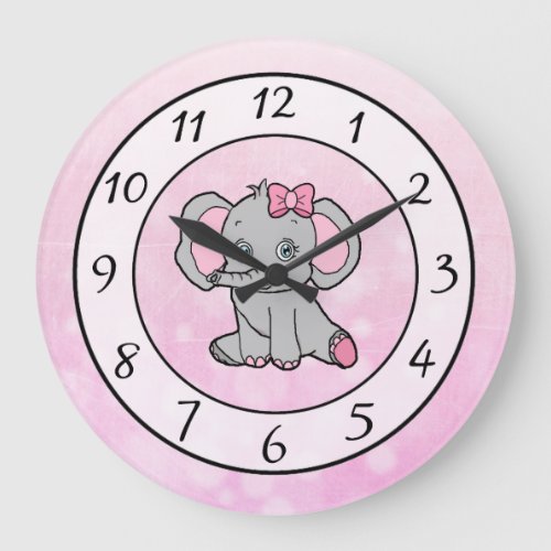 Cute pink elephant childrens or baby nursery large clock