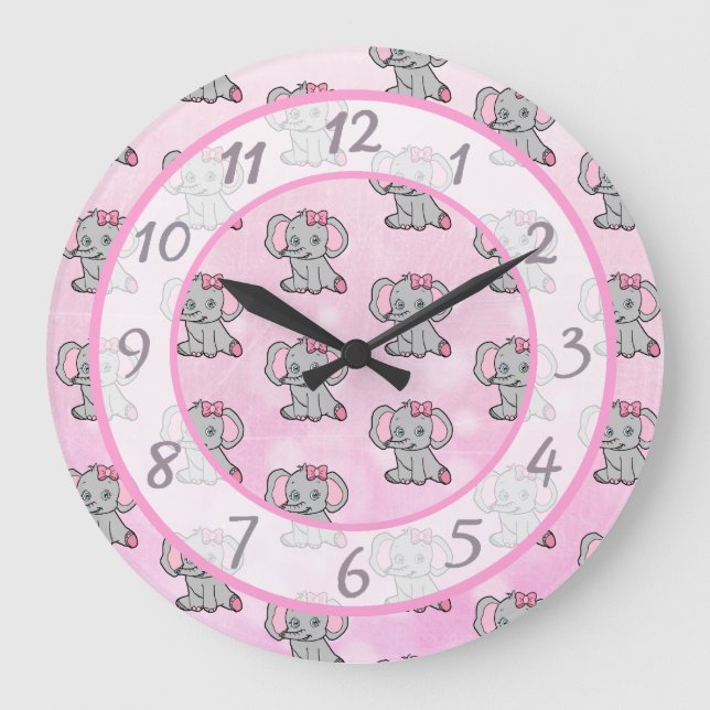 Cute pink elephant children's or baby nursery large clock (Front)