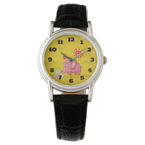Cute Pink Elephant Doodle Sniffing Daisies Watch