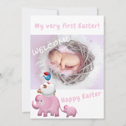 Cute Pink Elephant Easter Welcome Photo Baby Birth Announcement