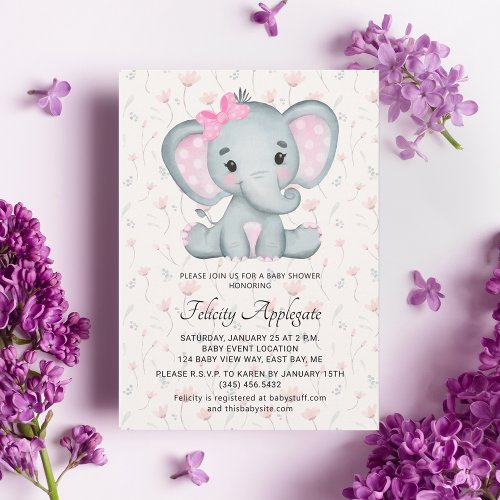 Cute Pink Elephant Floral Girl Baby Shower Invitation