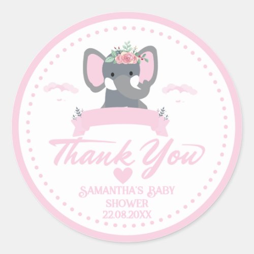 Cute Pink elephant floral thank you baby shower  Classic Round Sticker