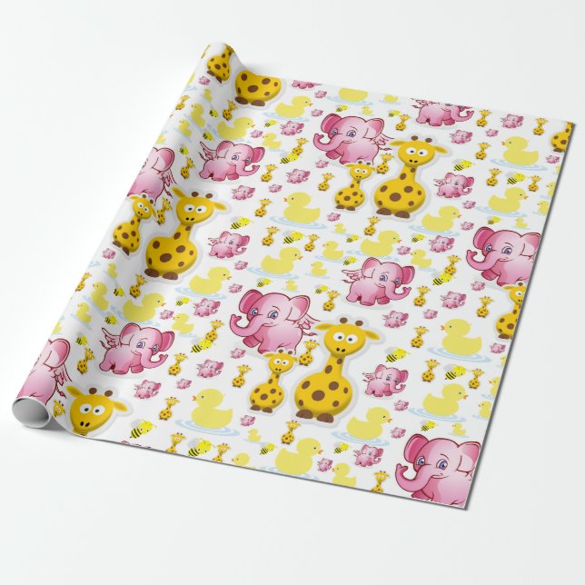Cute Pink Elephant Gift Wrapping Paper (Unrolled)
