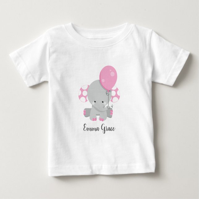 Cute Pink Elephant Girl Baby Monogram Baby T-Shirt (Front)