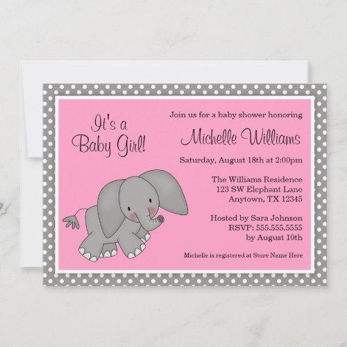 Cute Pink Elephant Girl Baby Shower Invitations