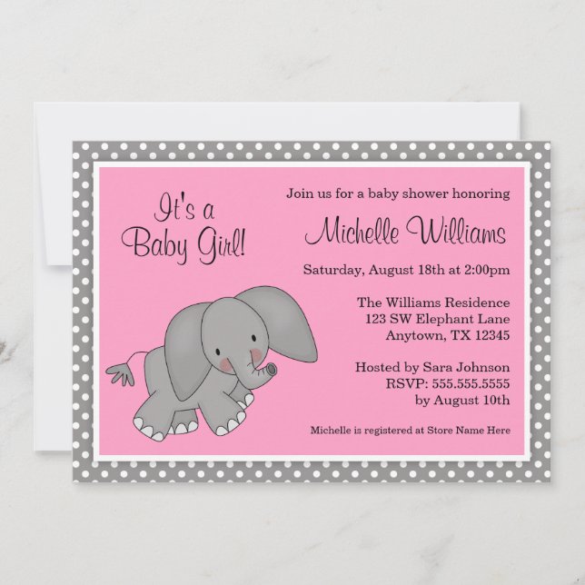 Cute Pink Elephant Girl Baby Shower Invitations (Front)