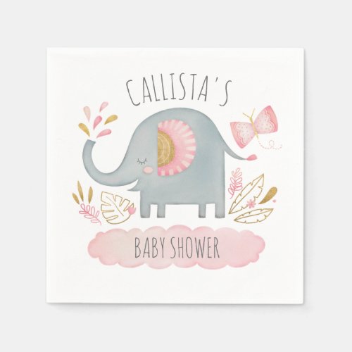 Cute Pink Elephant Girl Baby Shower Napkins