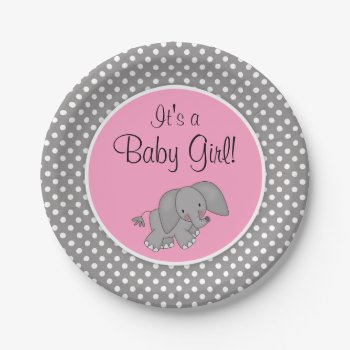 Cute Pink Elephant Girl Baby Shower Paper Plates by WhimsicalPrintStudio at Zazzle