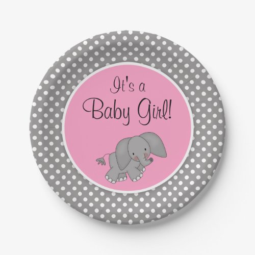 Cute Pink Elephant Girl Baby Shower Paper Plates