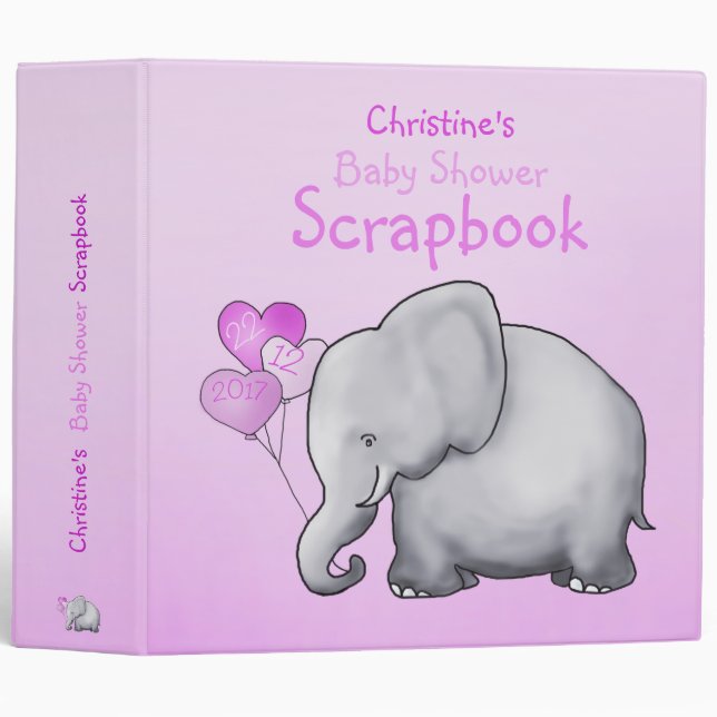Cute Pink Elephant Girl Baby Shower Scrapbook Binder (Front/Spine)