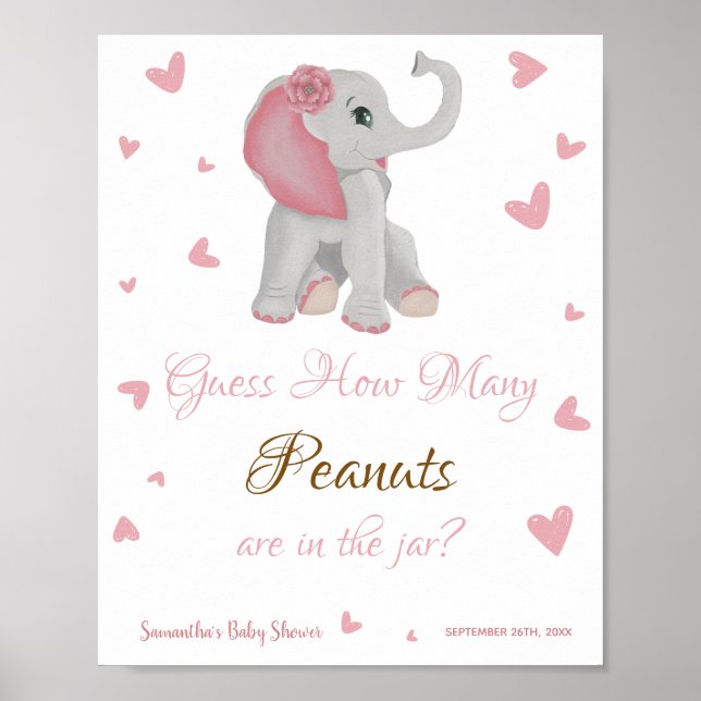 Cute Pink Elephant Girl Baby Shower Sign (Front)