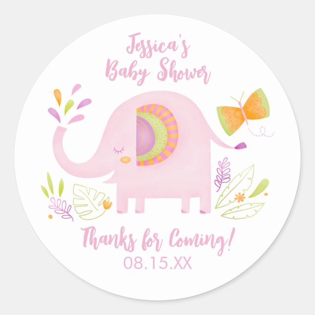 Cute Pink Elephant Girl Baby Shower Sticker (Front)