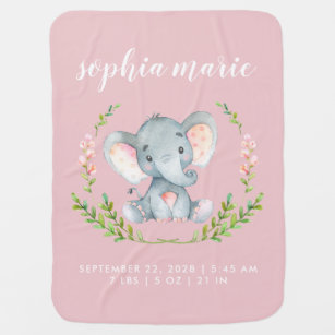 Cute Pink Elephant Girl Birth Stats Baby Blanket