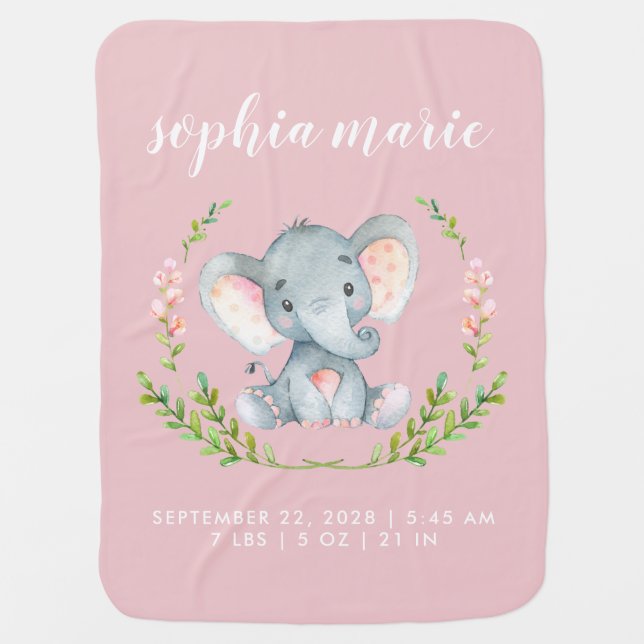 Cute Pink Elephant Girl Birth Stats Baby Blanket (Front)