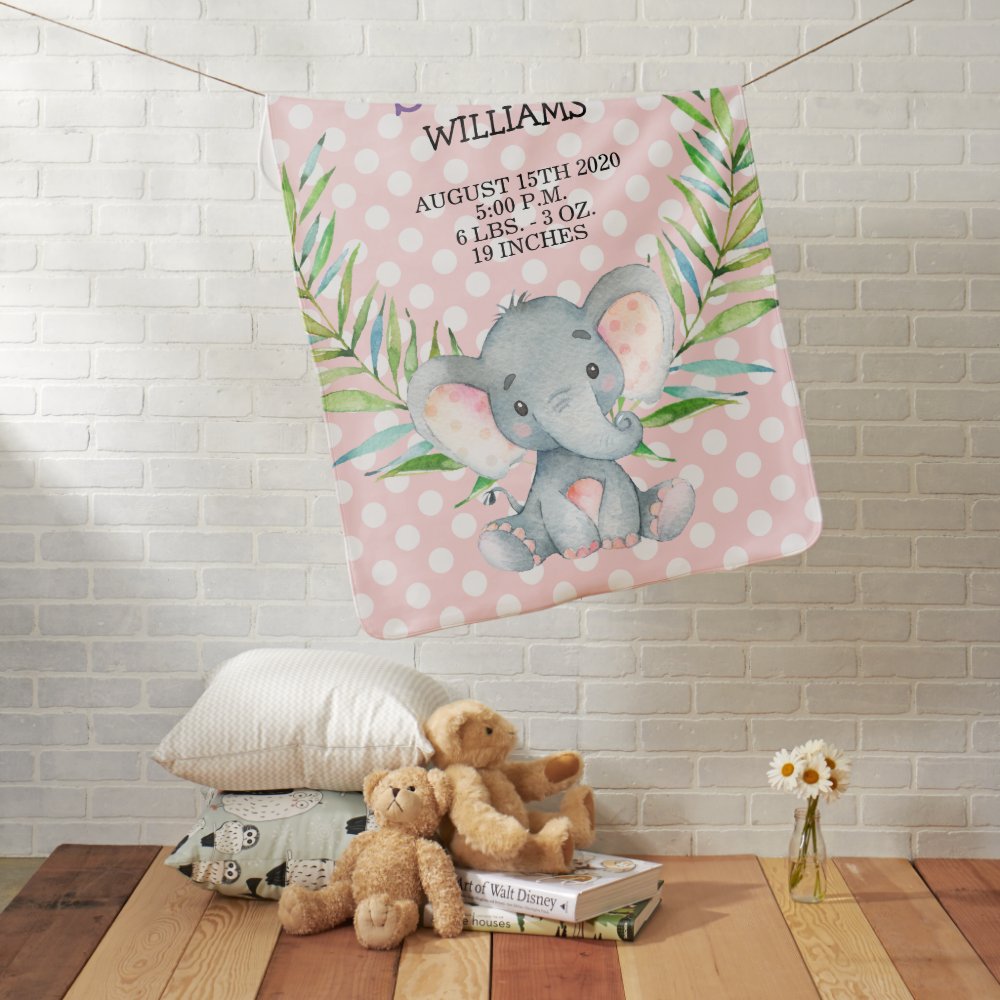 Cute Pink Elephant Girl Birth Stats Safari Jungle Baby Blanket designed ...