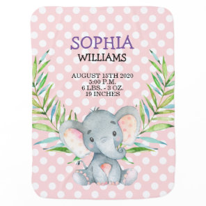 Cute Pink Elephant Girl Birth Stats Safari Jungle Baby Blanket