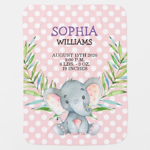 Cute Pink Elephant Girl Birth Stats Safari Jungle